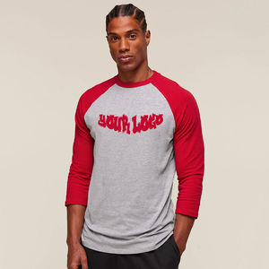 <b>Mens</b> Raglan Long Sleeve Contrast Sleeve Heather Grey Red T-<b>Shirt</b> Custom Logo OEM ODM Wholesale Apparel - Product Image 1