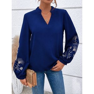 Blusa de viscosa de dos hilos con cuello en V y mangas largas con estampado floral, 38145 - Azul marino - Product Image 1