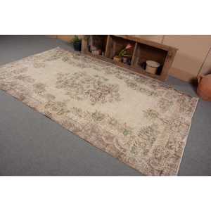 Tapis turc vintage 5.7 X 9.9ft Beige marron tissage plat laine Patchwork motif pour décor de salon ou couloir support en Latex - Product Image 3