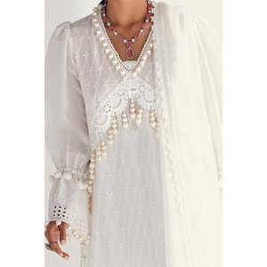 ชุดผ้าลูกไม้ชิฟฟ์ลีสีขาวแบบ 3 ชิ้นสำหรับผู้หญิง (ยังไม่ได้เย็บ) - Product Image 1