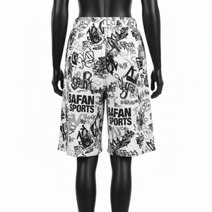 Shorts deportivos de malla transpirable de poliéster premium de 160 GSM para mujer, blancos con estampado de grafiti, shorts de gimnasio con logo sublimado para mujer - Product Image 6