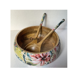 Printed Wooden Food <b>Serving</b> Bowl With 2 <b>Spoon</b> Highest Quality Round Shape Food <b>Serving</b> Bowl At Acceptable Price - Product Image 4