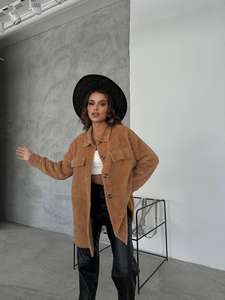 Lâche décontracté revers en peluche veste agneau polaire simple à manches longues poitrine femmes longue chemise automne hiver marron - Product Image 3