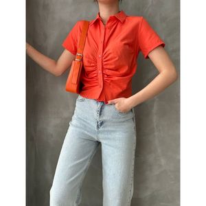 Blusa de Algodón con Pliegues Delanteros para Mujer Topshow, Color Naranja, Blusa Informal de Manga Larga para Uso Diario - Product Image 3
