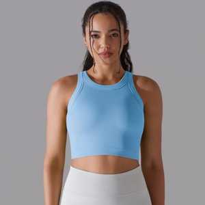 Custom Embroidered Logo <b>Knitted</b> Gym Tank Top Women Breathable Cotton Short Crop Ribbed Summer Sleeves Striped <b>Pattern</b> - Product Image 1