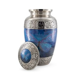 Urne de crémation pour adultes de conception moderne de papillon bleu Urne en métal faite à la main fabriquée en Inde - Product Image 1