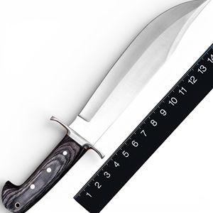 Couteau de chasse et de camping Bowie à lame fixe, à bord dentelé, en acier inoxydable de qualité industrielle, fabriqué à la main, avec manche en bois et étui en cuir - Product Image 4