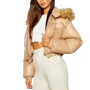 Winter Warm Crop Puffer Jackets Fashion Drawstring Breathable Waistcoat Outerwear Ladies Solid With Zipper Crop Jacket