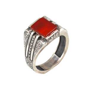 Bague pour homme en argent sterling 925 avec pierre d'agate rectangulaire, motif géométrique vintage, sertissage clos, finition platine, pour un usage quotidien - Product Image 1
