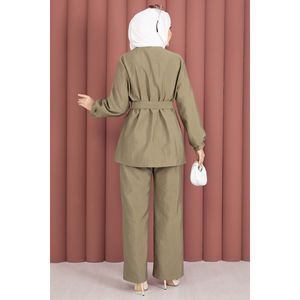 Conjunto de Traje de Dos Piezas Color Caqui para Mujer, con Botones Dorados y Cinturón - Product Image 6