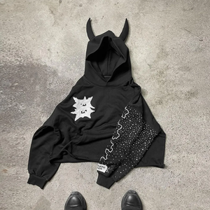 เสื้อฮู้ด Black Devil Horn พร้อมแขนเสื้อปักลายขาวแบบนามธรรม กันน้ำ สไตล์สตรีทแวร์ ทรงปกติ ผ้าฝ้าย 100% เสื้อกันหนาวแบบสวม - Product Image 4