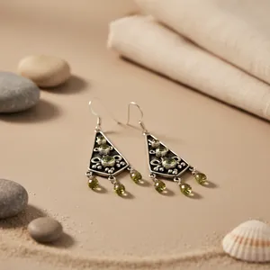 925 <b>Silver</b> Vintage <b>Dangle</b> <b>Earrings</b> with Peridot Freshwater Pearl and Diamond for Weddings and Parties" - Product Image 1