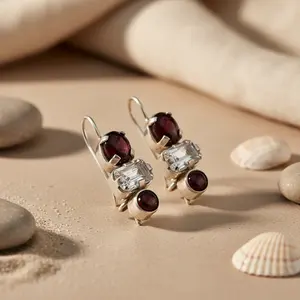 Pendientes Colgantes de Plata con Granate y Cristal para Mujer, Joyería con Colgante y Piedras Principales de Cuarzo y Perla, Chapados en Oro - Product Image 1