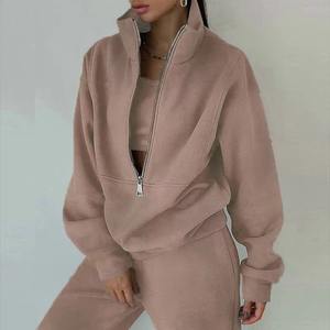 Automne hiver femmes tenues décontractées couleur unie col roulé fermeture éclair sweat pantalon de survêtement chaud polaire deux pièces costumes - Product Image 6