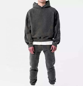 Sudadera con capucha para hombre y mujer, conjunto de ropa deportiva de lana de 100% algodón con lavado ácido para exteriores, chándal unisex de entrenamiento con logo bordado personalizado - Product Image 1