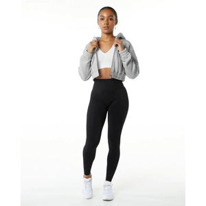 Classic <b>Women's</b> Oversized <b>Cropped</b> Linen <b>Hoodie</b> 55% Cotton 45% Spandex Drop Shoulder Style Full-Zip Hooded 55% Cotton 45% Hooded - Product Image 2