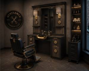 Modern Black Wood Barber Shop <b>Salon</b> Sink Cabinet with Double Octagonal <b>Mirror</b> and <b>Storage</b> Shelves Commercial Furniture - Product Image 3
