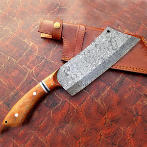 Couteau à lame fixe de couperet de cuisine de Chef en acier damas fait à la main professionnel avec gaine en cuir - Product Image 4