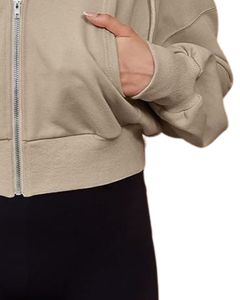 Sudadera con Capucha Corta para Mujer, Color Beige, Corte Holgado, Manga Larga, con Cordón, Estilo Casual, para Uso Diario - Product Image 6