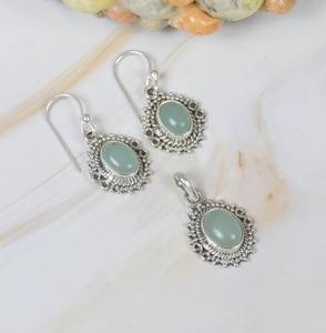 Cadeau pour l'amour Pendentif Aqua Calcedony Gemstone 925 Sterling Silver Fine Pendant Earrings Set Wedding Pendant with Stamp Jewelry - Product Image 3