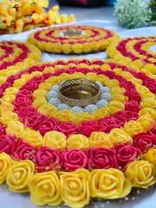 Beautiful Red and Yellow Artificial Rose Candle Holder For Diwali MDF Wood Decorative Diya Haldi Sangeet Party Event Decorations - Product Image 3