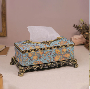 Porte-mouchoirs vintage en résine et métal, finition bronze, motif bleu et floral vieilli, disponible au prix de gros. - Product Image 1