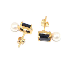 Antique Fashion Black Onyx Freshwater Pearl Gemstone Rectangle Shape 18k Gold Plated <b>Stud</b> <b>Earring</b> Lite Weight Brass Wholesale - Product Image 2