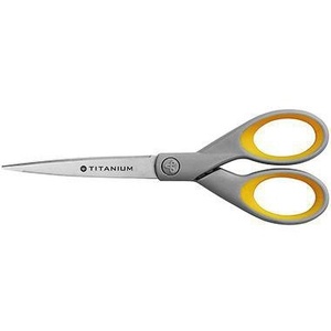 Tijeras universales para papel Westcott TITAN Nitride Bonded SUPER de 180 mm para zurdos y diestros, color gris acero/amarillo - Product Image 1