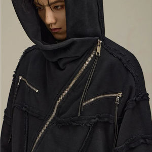 Sweats à capuche irréguliers pour hommes Patchwork Sweats à capuche à fermeture éclair diagonale Veste Burrs Distressed Zipper Coat Homme - Product Image 5