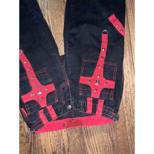 2026 Women's Gothic Red And Black Wide Leg Flare <b>Pants</b> With Zippers And Grommet - Product Image 4