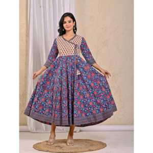 Blue Jaal Jaipuri <b>Chikankari</b> Embroidered Long Angrakha Dress Soft Cotton Indian Ethnic Party Wear with Net Fabric - Product Image 5