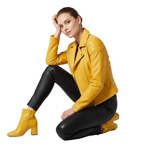 Chaqueta de Motociclista de Cuero Amarillo para Mujer, Estilo Motero, Precio de Fábrica al por Mayor, Servicio OEM ODM - Product Image 1
