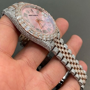 Montre de luxe bicolore or rose sertie de moissanite avec cadran rose, chiffres arabes en diamant, bijoux hip-hop - Product Image 2