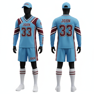 Uniforme de cheerleading pour hommes en polyester et élasthanne GSM, bleu ciel et bordeaux, avec logo cousu, nom et numéro personnalisés - Product Image 1