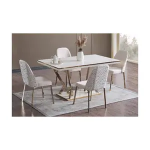Amazon penjual desain Modern meja makan putih dan kursi marmer segi empat 4 + 1 Set meja makan kayu buatan Turki 2024
