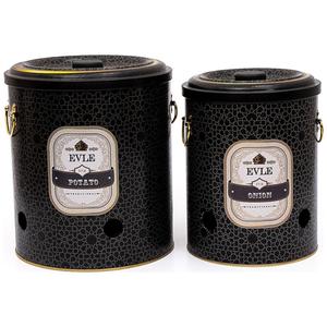 Juego de contenedores de almacenamiento de patata y cebolla de metal Dia 225x240mm (2 uds) patrón geométrico dorado fondo negro diseño de enrejado - Product Image 1