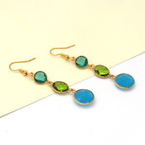 Handmade Flower Bohemian Multi Gemstone Dangle Hook <b>Earrings</b> | Apatite <b>Peridot</b> Blue Chalcedony | 18K Gold Plated Wedding - Product Image 1