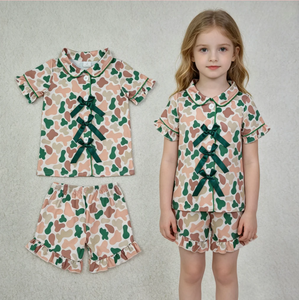 Ensemble de pyjama à manches courtes pour filles avec motif imprimé nœud vert, short confortable, vêtements de nuit - Product Image 5