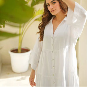 Robe longue boutonnée élégante pour femmes col en V manches longues 100% coton écologique lavable fabriqué en Inde motif solide - Product Image 1