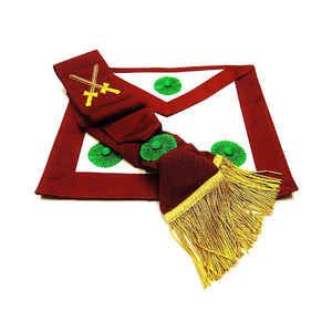 Delantal Masónico Rojo Hecho a Mano con Rosetas Verdes y Flecos Dorados, Accesorio Artesanal con Bordado de Cruz - Product Image 1