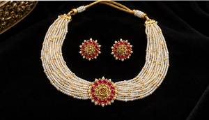 TISHYA DIAMOND Ethnic <b>Gold</b> Plated Alloy Flower Necklace and Earring <b>Set</b> with Imitation Pearl for Women Wedding <b>Jewelry</b> - Product Image 2