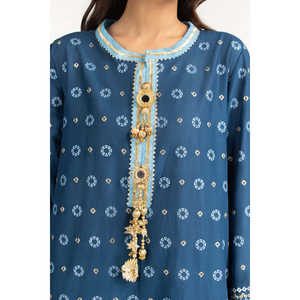 ชุดสูทผ้าซาตินสีน้ำเงิน 3 ชิ้น พิมพ์ลายทอง สำหรับผู้หญิง สไตล์ลำลองสำหรับใส่ทำงาน ตกแต่งด้วยกระดุม - Product Image 2