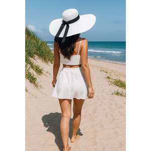 Extra Wide Straw <b>Hat</b> with White Ribbon HSR2039 Boxed Shipping - 2039beyaz - Product Image 2
