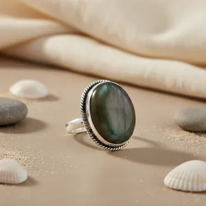 Bague cocktail ovale en labradorite pour femme, en argent 925, bijou minimaliste, pierre précieuse naturelle, cadeau, troisième partie - Product Image 2