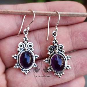 925 <b>Sterling</b> <b>Silver</b> <b>Dangle</b> <b>Earrings</b> Natural Amethyst Oval Gemstone Handmade Cute Jewelry for February Birthstone Amethyst - Product Image 6