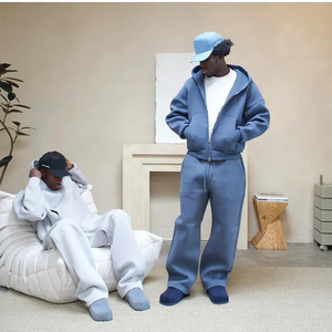 Conjunto de chándal con capucha y pantalones de chándal con cremallera de algodón 100% de 500gsm de dos piezas con estampado personalizado informal de invierno para hombre - Product Image 4