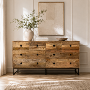 Commode Bella en bois de manguier massif, résistante à l'eau, meuble de rangement moderne pour salon, taille et couleur personnalisables, garantie 3 ans - Product Image 1