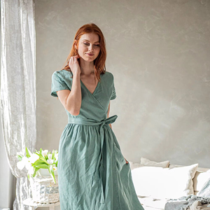 เดรสแม็กซี่ผ้าลินินสีเทอร์ควอยส์สีฟ้าครามสไตล์คลาสสิกสำหรับฤดูร้อนเดรสขนาดพิเศษพร้อมริบบิ้นผ้าลินินสำหรับตกแต่ง - Product Image 1