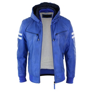 RIVIAN ATLANTIC Veste en cuir à capuche bleue pour hommes Nouveau style bombardier Veste en cuir à capuche à rayures blanches ODM Service's - Product Image 2