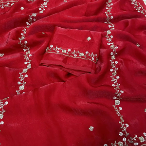 Designer Rouge Satin Tissu Séquence Brits Travail Saree Dernier Exclusif Ethnique Mariée Adultes Mariages Superbe Fête Porter Ennemi Femmes - Product Image 1